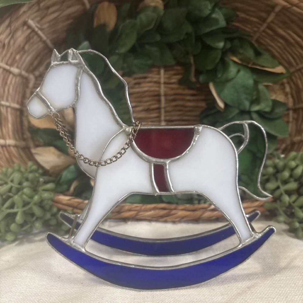 VTG Stained Glass Horse Blue Green White Red Art Horse Equestrian Decor Handmade